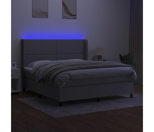 Cama box spring colchón y luces LED tela gris claro 180x200 cm