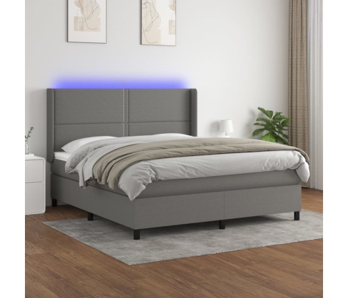 vidaXL Cama box spring colchón y luces LED tela gris oscuro 180x200 cm