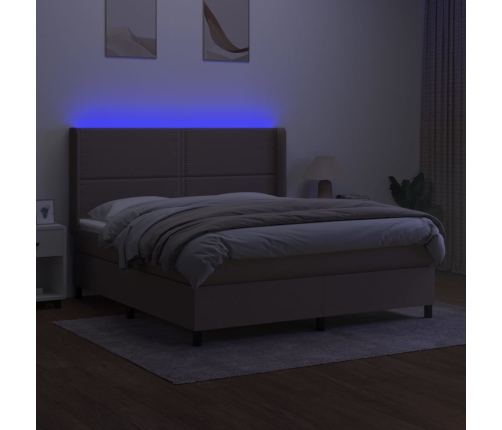 Cama box spring colchón y luces LED tela gris taupe 180x200 cm