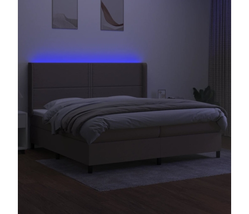 Cama box spring colchón y luces LED tela gris taupe 200x200 cm