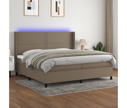 Cama box spring colchón y luces LED tela gris taupe 200x200 cm