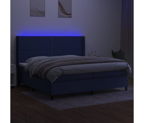 Cama box spring colchón y luces LED tela azul 200x200 cm