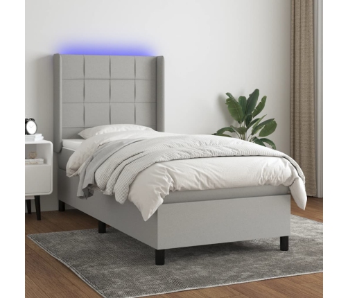Cama box spring colchón y luces LED tela gris claro 80x200 cm
