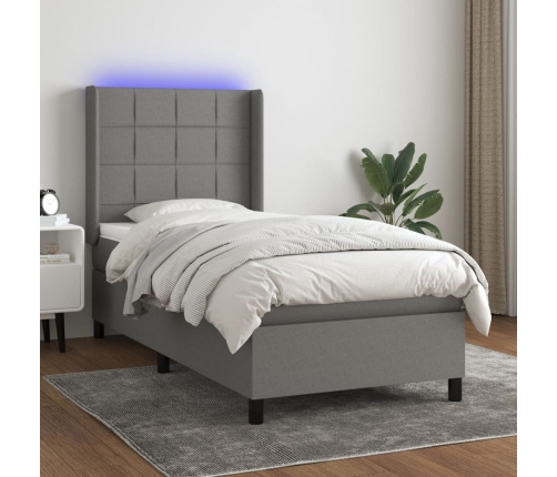 Cama box spring colchón y luces LED tela gris oscuro 80x200 cm