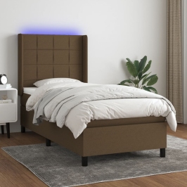 Cama box spring colchón y luces LED tela marrón oscuro 80x200cm