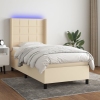 Cama box spring colchón y luces LED tela color crema 90x190 cm