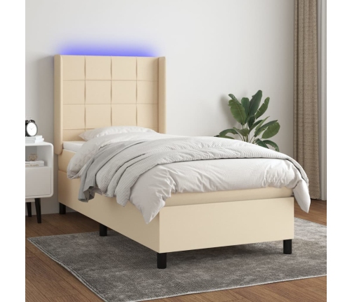 Cama box spring colchón y luces LED tela color crema 90x190 cm