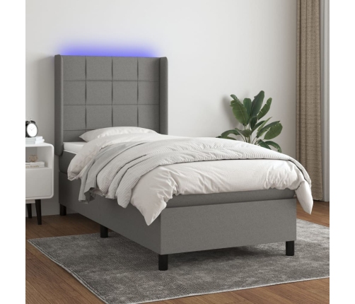 Cama box spring colchón y luces LED tela gris oscuro 90x200 cm