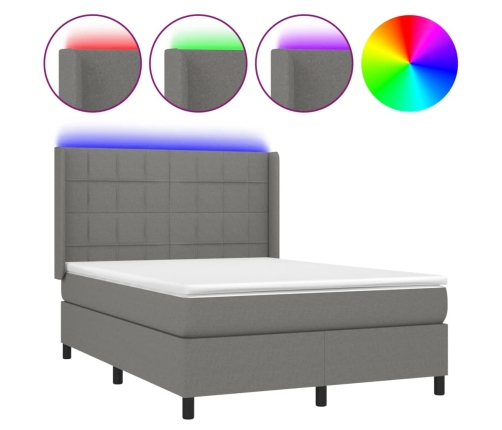 Cama box spring colchón y luces LED tela gris oscuro 140x190 cm