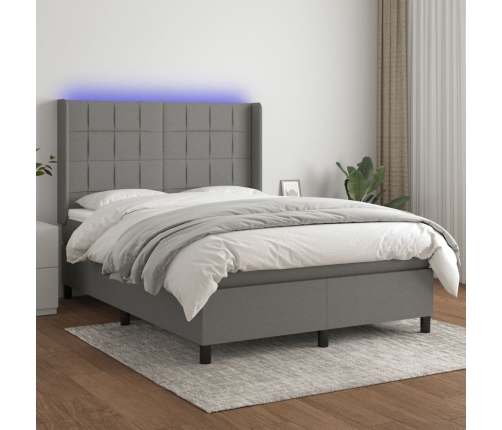 Cama box spring colchón y luces LED tela gris oscuro 140x190 cm