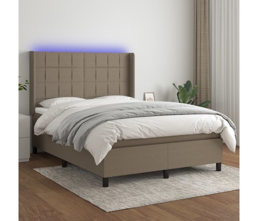 Cama box spring colchón y luces LED tela gris taupe 140x190 cm