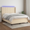 Cama box spring colchón y luces LED tela crema 140x190 cm