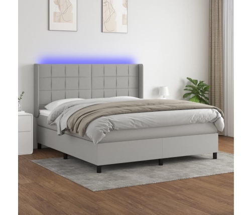 Cama box spring colchón y luces LED tela gris claro 160x200 cm