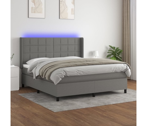 Cama box spring colchón y luces LED tela gris oscuro 160x200 cm