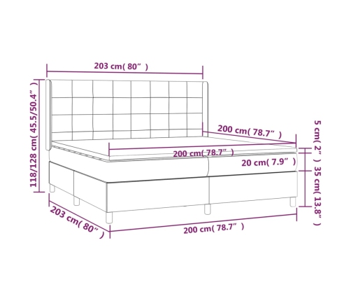 Cama box spring con colchón tela y LED gris claro 200x200 cm