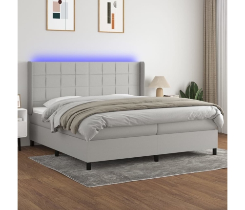 Cama box spring con colchón tela y LED gris claro 200x200 cm