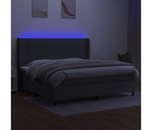 Cama box spring colchón y luces LED tela gris claro 200x200 cm