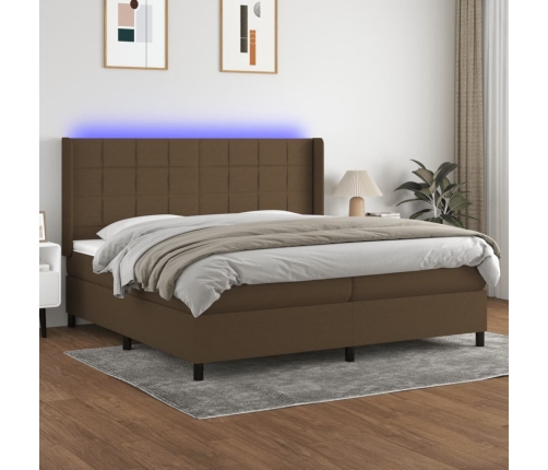 Cama box spring colchón luces LED tela marrón oscuro 200x200 cm