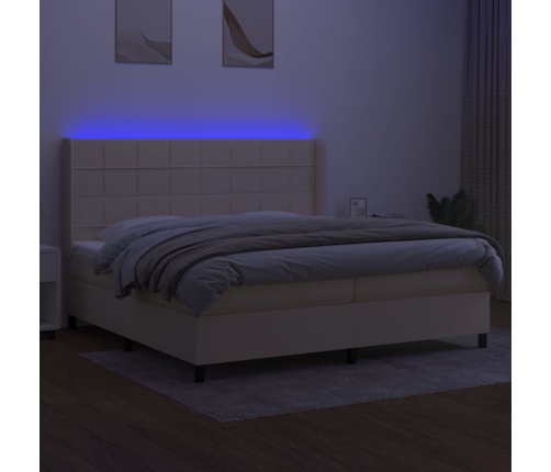 Cama box spring colchón y luces LED tela crema 200x200 cm