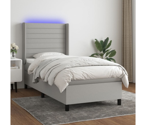 Cama box spring colchón y luces LED tela gris claro 90x190 cm