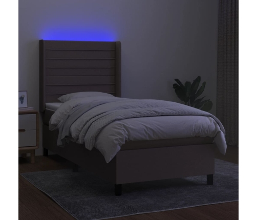 Cama box spring colchón y luces LED tela gris taupe 90x190 cm