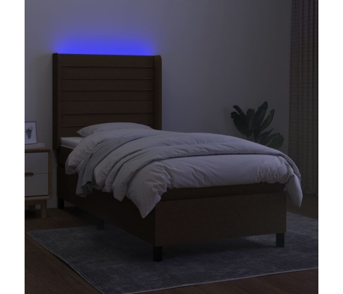 Cama box spring colchón y luces LED tela marrón oscuro 90x200cm