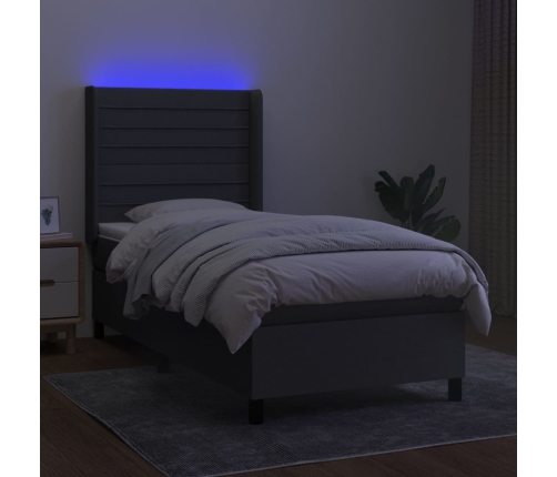 Cama box spring colchón y luces LED tela gris oscuro 100x200 cm