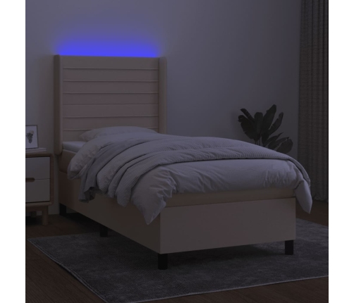 Cama box spring colchón y luces LED tela crema 100x200 cm