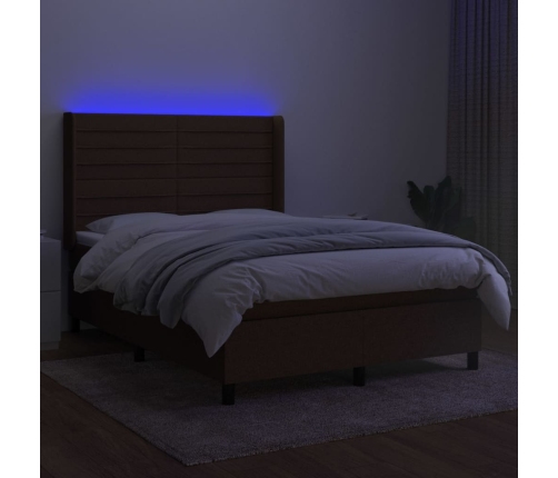 Cama box spring colchón luces LED tela marrón oscuro 140x190 cm