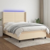 Cama box spring colchón y luces LED tela crema 140x190 cm