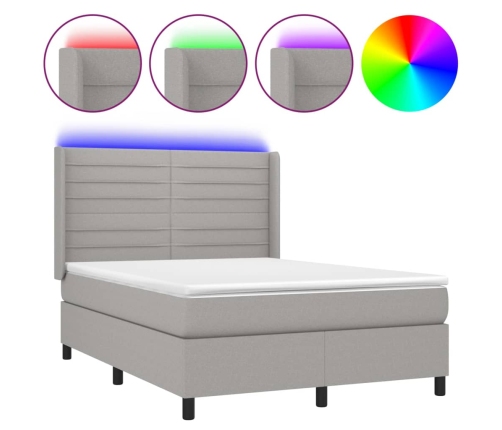 Cama box spring colchón y luces LED tela gris claro 140x200 cm