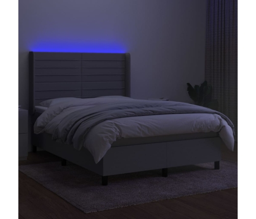 Cama box spring colchón y luces LED tela gris claro 140x200 cm