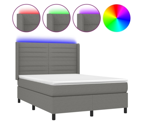 Cama box spring colchón y luces LED tela gris oscuro 140x200 cm