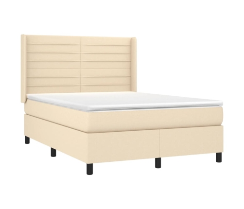 Cama box spring colchón y luces LED tela crema 140x200 cm