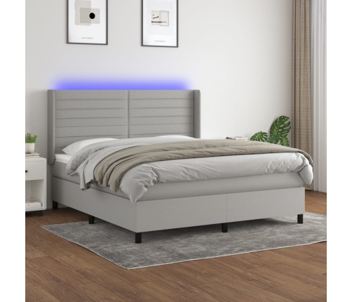 Cama box spring colchón y luces LED tela gris claro 160x200 cm