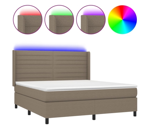 Cama box spring colchón y luces LED tela gris taupe 160x200 cm