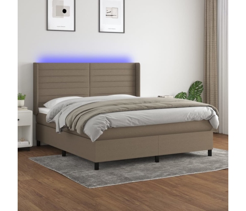 Cama box spring colchón y luces LED tela gris taupe 160x200 cm