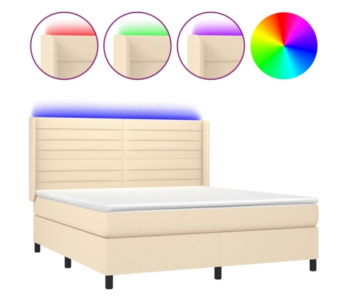 Cama box spring colchón y luces LED tela crema 160x200 cm