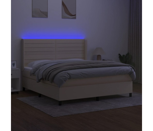 Cama box spring colchón y luces LED tela crema 160x200 cm