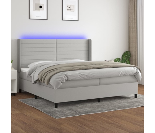 Cama box spring con colchón tela y LED gris claro 200x200 cm