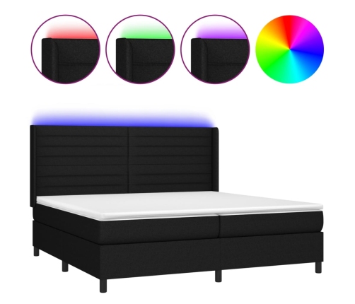 Cama box spring colchón y luces LED tela negro 200x200 cm