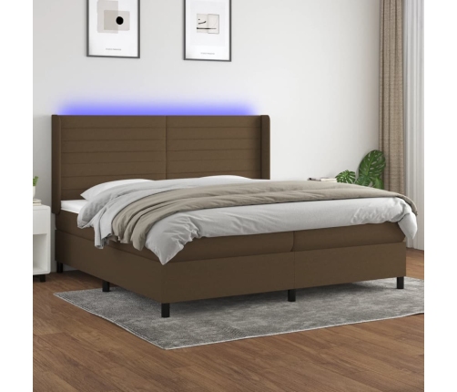 Cama box spring colchón luces LED tela marrón oscuro 200x200 cm