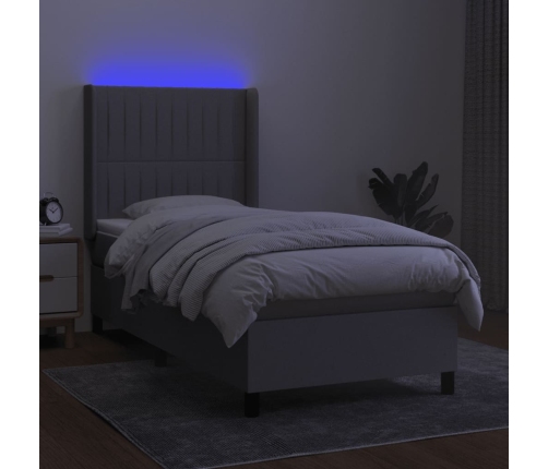 Cama box spring colchón y luces LED tela gris claro 90x190 cm