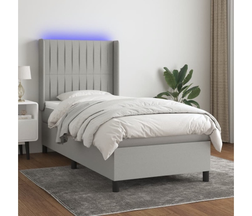 Cama box spring colchón y luces LED tela gris claro 90x190 cm