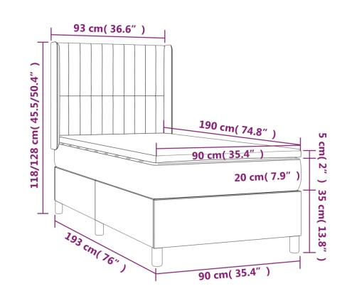 Cama box spring colchón y luces LED tela negro 90x190 cm