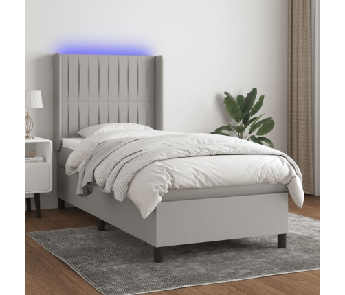 Cama box spring colchón y luces LED tela gris claro 90x200 cm