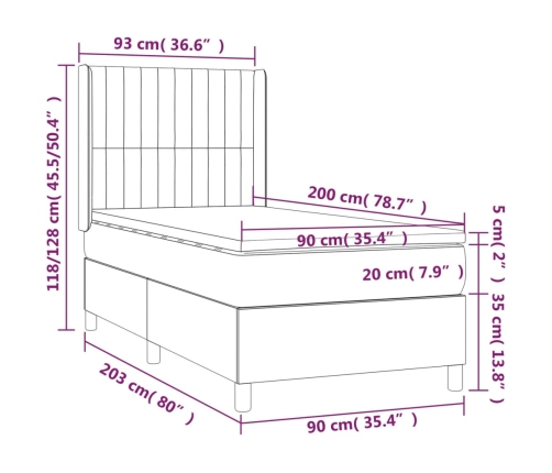 Cama box spring colchón y luces LED tela gris taupe 90x200 cm