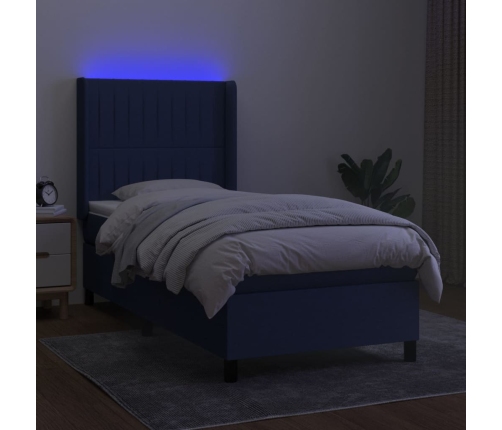 Cama box spring colchón y luces LED tela azul 100x200 cm