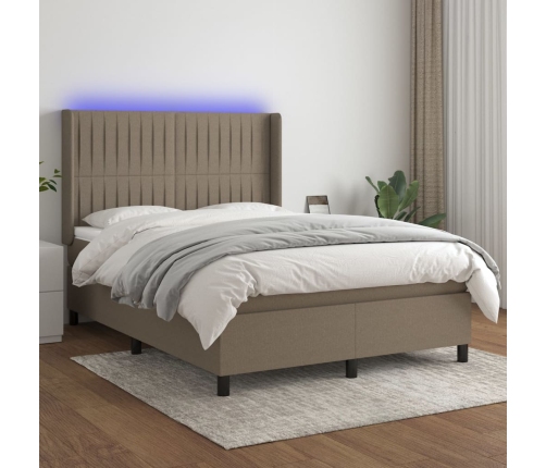 Cama box spring colchón y luces LED tela gris taupe 140x190 cm