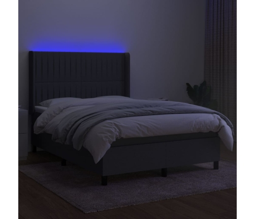 Cama box spring colchón y luces LED tela gris oscuro 140x200 cm